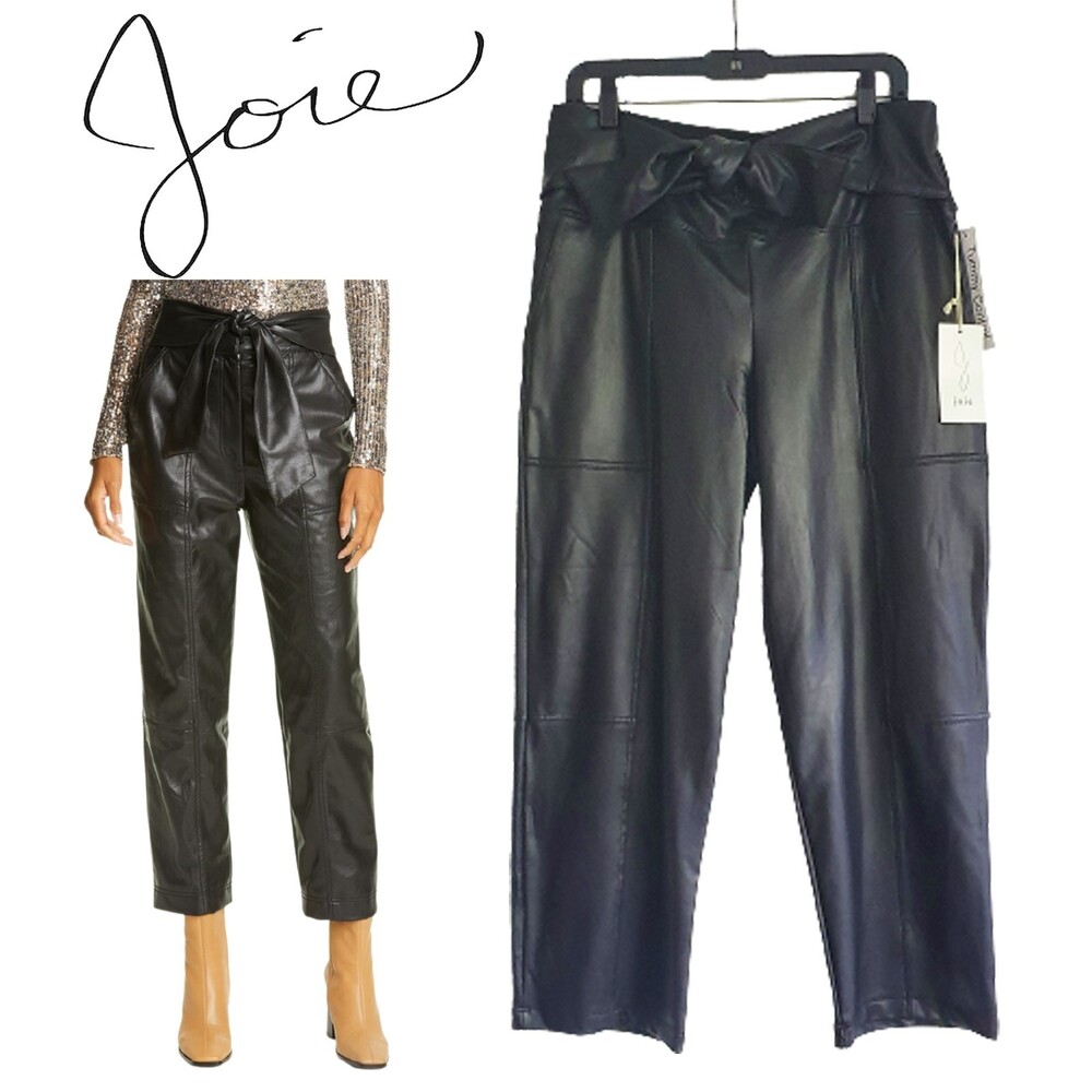JOIE NWT Black Faux Leather Bow Tie Control Panel Slim Crop Pant — Size L